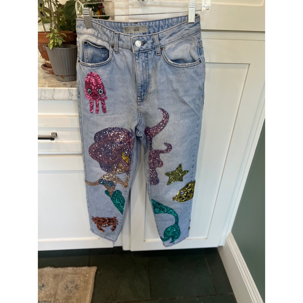 Topshop Mermaid Sequin Jeans Light Wash Ocean/Sea Life  Whimsical Art to Wear - Picture 6 of 15